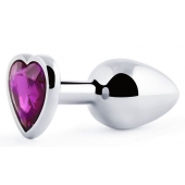 Серебристая анальная пробка с фиолетовым кристаллом-сердечком - 8 см. - Anal Jewelry Plug - купить с доставкой в Томске