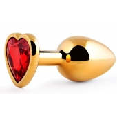 Золотистая анальная пробка с красным стразом-сердечком - 8 см. - Anal Jewelry Plug - купить с доставкой в Томске