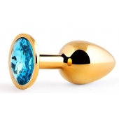 Золотистая анальная пробка с голубым стразом - 7,2 см. - Anal Jewelry Plug - купить с доставкой в Томске