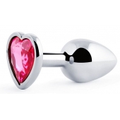 Серебристая анальная пробка с розовым кристаллом-сердечком - 7 см. - Anal Jewelry Plug - купить с доставкой в Томске