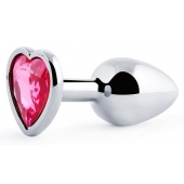 Серебристая анальная пробка с малиновым кристаллом-сердечком - 7 см. - Anal Jewelry Plug - купить с доставкой в Томске