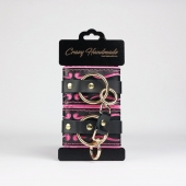 Черные кожаные наручники с розовой строчкой - Crazy Handmade - купить с доставкой в Томске