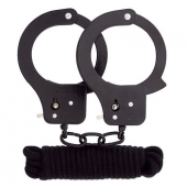 Чёрные наручники из листового металла в комплекте с веревкой BONDX METAL CUFFS LOVE ROPE SET - Dream Toys - купить с доставкой в Томске