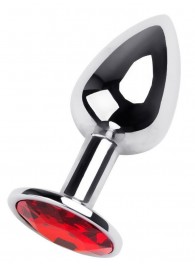 Маленькая коническая серебристая анальная пробка с красным кристаллом - 7 см. - ToyFa - купить с доставкой в Томске