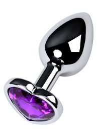 Серебристая коническая анальная пробка с фиолетовым кристаллом-сердечком - 7 см. - ToyFa - купить с доставкой в Томске