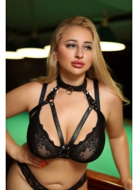 Черная кожаная сбруя с ошейником plus size из нежной кожи - БДСМ Арсенал - купить с доставкой в Томске