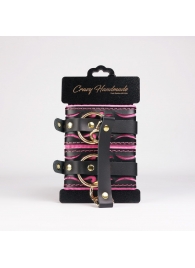 Черные кожаные оковы с розовой строчкой - Crazy Handmade - купить с доставкой в Томске Черные кожаные оковы с розовой строчкой - Crazy Handmade - купить с доставкой в Томске