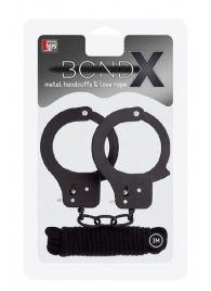 Чёрные наручники из листового металла в комплекте с веревкой BONDX METAL CUFFS LOVE ROPE SET - Dream Toys - купить с доставкой в Томске