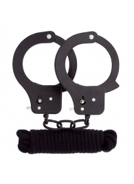 Чёрные наручники из листового металла в комплекте с веревкой BONDX METAL CUFFS LOVE ROPE SET - Dream Toys - купить с доставкой в Томске