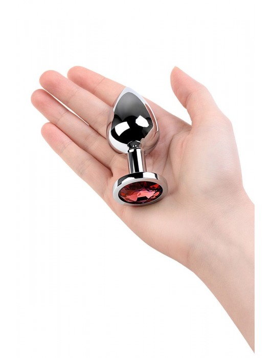 Серебристая коническая анальная пробка с красным кристаллом - 8 см. - ToyFa - купить с доставкой в Томске