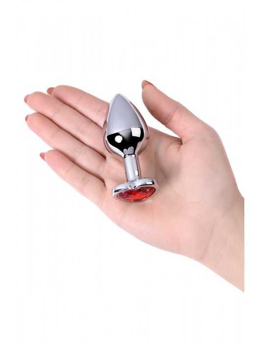 Серебристая коническая анальная пробка с красным кристаллом-сердечком - 7 см. - ToyFa - купить с доставкой в Томске