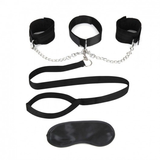 Чёрный ошейник с наручниками и поводком Collar Cuffs   Leash Set - Lux Fetish - купить с доставкой в Томске