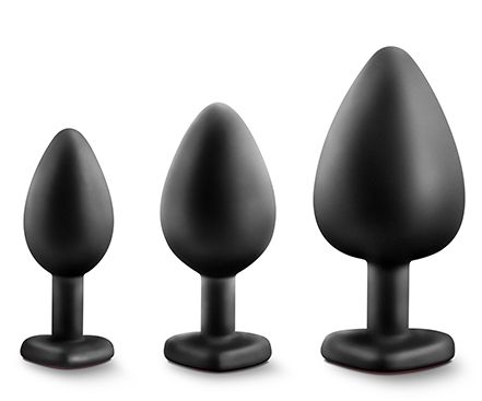 Набор черных анальных пробок с красным кристаллом-сердечком Bling Plugs Training Kit - Blush Novelties - купить с доставкой в Томске