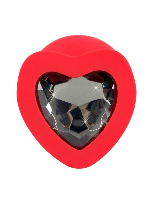 Красная силиконовая анальная пробка с черным стразом-сердечком - 9,3 см. - Orion - купить с доставкой в Томске
