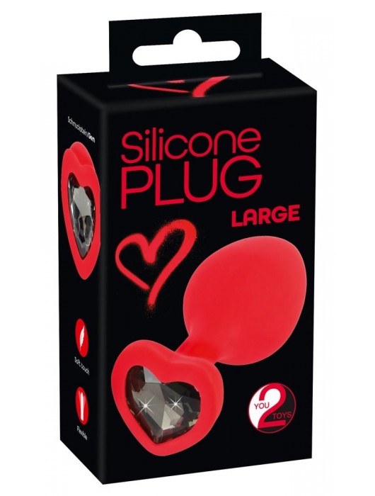 Красная силиконовая анальная пробка с черным стразом-сердечком - 9,3 см. - Orion - купить с доставкой в Томске