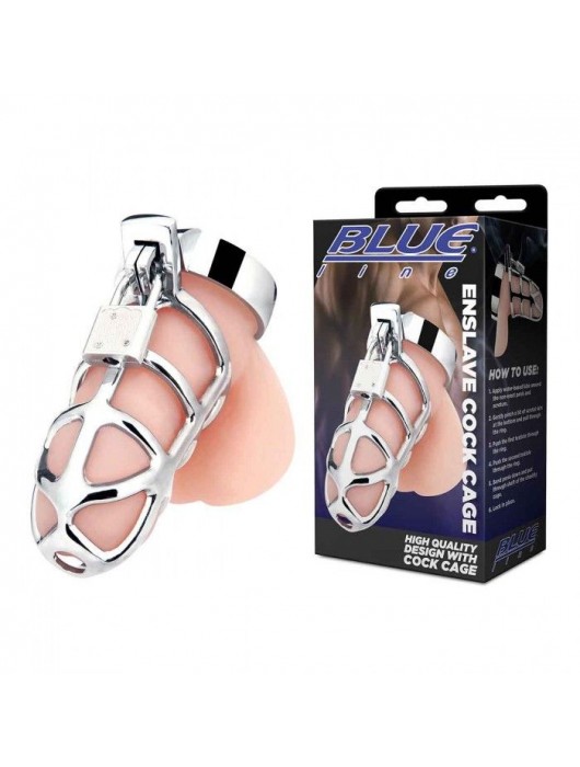 Серебристая металлическая клетка для члена с замком Enslave Cock Cage - BlueLine - купить с доставкой в Томске