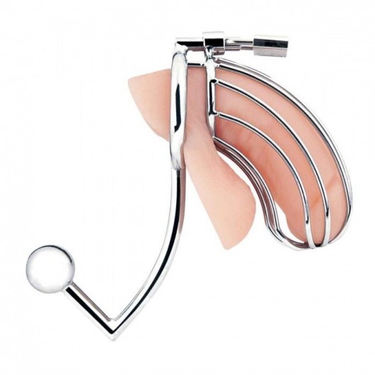 Серебристая металлическая клетка с анальным стимулятором Cock Cage - BlueLine - купить с доставкой в Томске