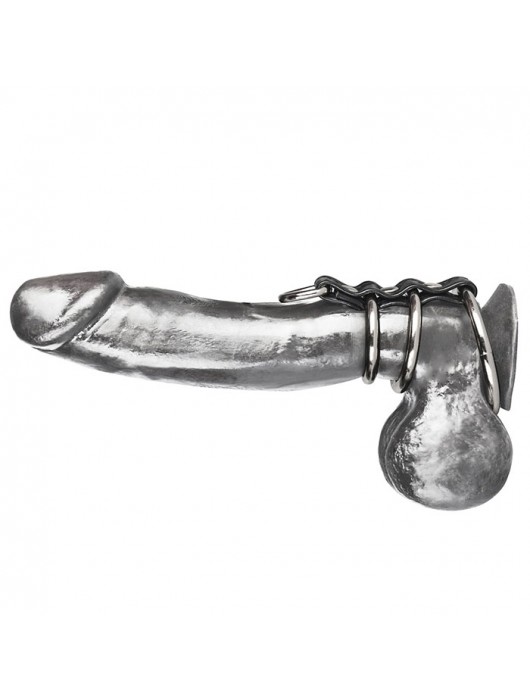 Хомут на пенис из трех металлических колец и кольца для привязи 3 RING GATES OF HELL - BlueLine - купить с доставкой в Томске