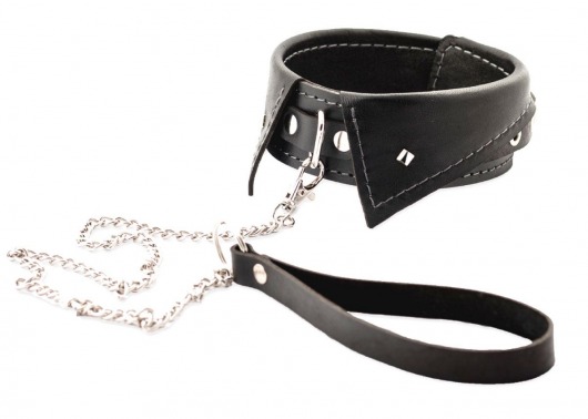 Черный ошейник-воротничок с металлическим поводком - Crazy Handmade - купить с доставкой в Томске Черный ошейник-воротничок с металлическим поводком - Crazy Handmade - купить с доставкой в Томске