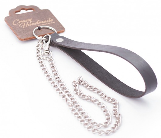 Серебристый металлический поводок с кожаной черной ручкой - 80 см. - Crazy Handmade - купить с доставкой в Томске