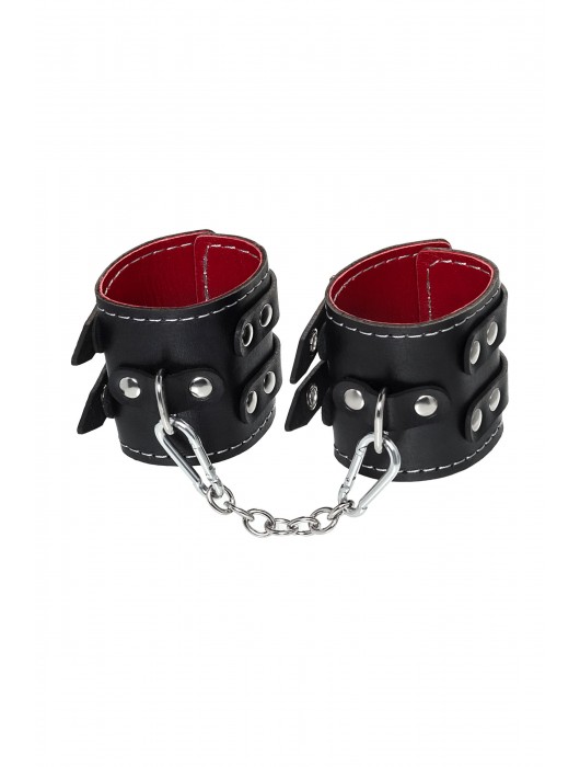 Черные кожаные наручники с двумя ремнями и красной подкладкой - Pecado - купить с доставкой в Томске
