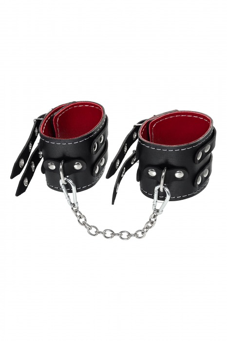Черные кожаные оковы с двумя ремнями и красной подкладкой - Pecado - купить с доставкой в Томске