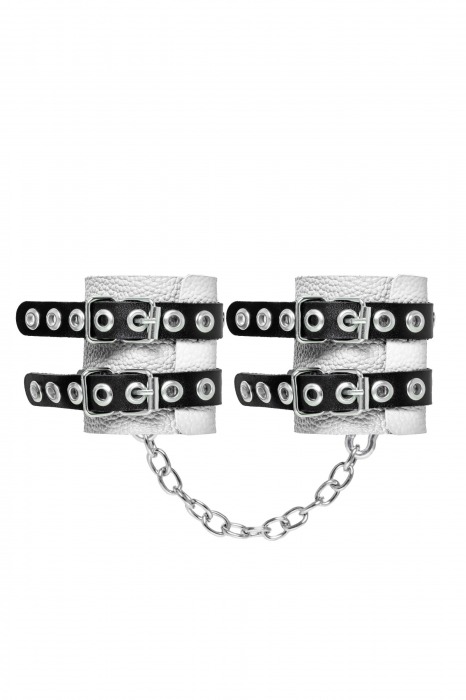 Бело-черные наручники с двумя ремешками и люверсами - Pecado - купить с доставкой в Томске