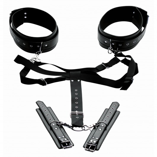 Черная бондажная система Acquire Easy Access Thigh Harness with Wrist Cuffs - XR Brands - купить с доставкой в Томске