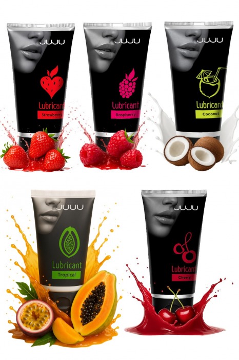 Набор из 5 съедобных лубрикантов JUJU (клубника, малина, тропические фрукты, вишня, кокос) - JuJu - купить с доставкой в Томске Набор из 5 съедобных лубрикантов JUJU (клубника, малина, тропические фрукты, вишня, кокос) - JuJu - купить с доставкой в Томске