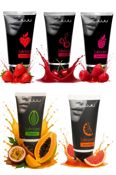 Набор из 5 съедобных лубрикантов JUJU (клубника, малина, тропические фрукты, вишня, грейпфрут) - JuJu - купить с доставкой в Томске Набор из 5 съедобных лубрикантов JUJU (клубника, малина, тропические фрукты, вишня, грейпфрут) - JuJu - купить с доставкой в Томске