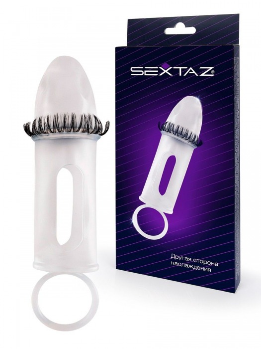 Закрытая насадка на пенис с подхватом мошонки и стимулирующими «ресничками» - Sextaz - в Томске купить с доставкой