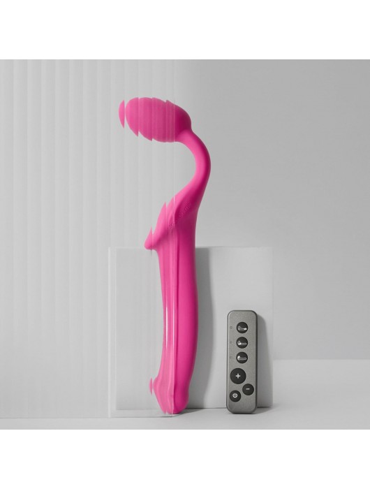 Ярко-розовый безремневой страпон Strap-on-me Vibrating Bendable Strap-On size M - Strap-on-me - купить с доставкой в Томске