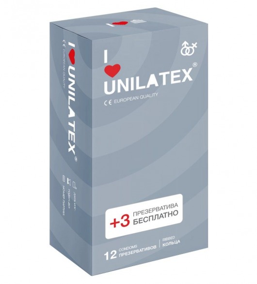 Презервативы с рёбрами Unilatex Ribbed - 12 шт. + 3 шт. в подарок - Unilatex - купить с доставкой в Томске