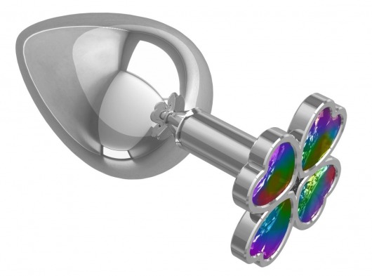 Серебристая анальная пробка-клевер с радужным кристаллом - 9,5 см. - Джага-Джага - купить с доставкой в Томске